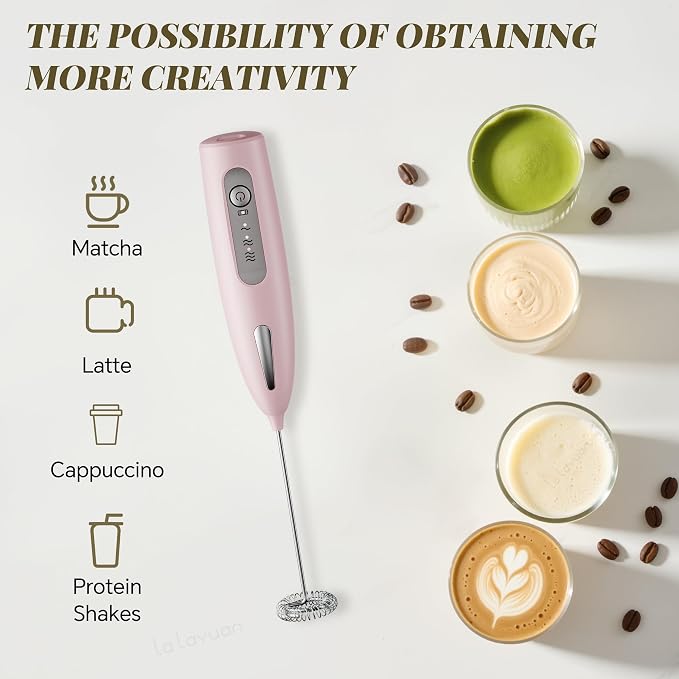 Electric Milk Frother, Three speed adjustment, USB Rechargeable Cordless Hand Blender with Sticky Stand Included, Portable Kitchen Stainless Steel Egg Beater, Mixed Drinks, Coffee Stirrers (Pink)