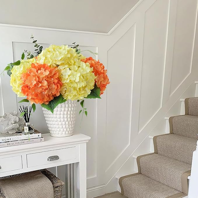 JINWOE 5Pcs 20Inch Orange Artificial Hydrangeas, Full Silk Flower Heads with Stem, Halloween Fake Hydrangea Flowers for Wedding Home Garden Centerpiece Floral Arrangements