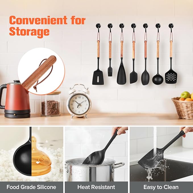 Silicone Utensils Set of 7 with Wooden Handle for Cooking&Baking,No Scratch for Nonstick Cookware,Spatula Spoon,Soup Ladle,Basting Brush,Baking Bowl Scraper,Skimmer,Slotted Spatula,BPA Free (Black)