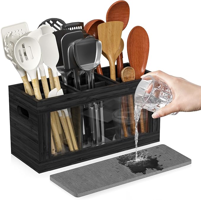 Yofidra Bamboo Utensil Holder & Silverware Organizer: Extra Large Cooking Spoon Holder with Absorbing Drying Stone and 6 Compartments Kitchen Countertop Farmhouse Decor 11.8"X4.7"X5.9" Black