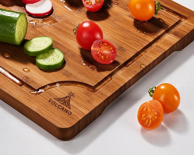 3-Piece Bamboo Cutting Board Set with Holder, Deep Juice Groove, Wooden Chopping Boards for Kitchen, Meat, Vegetables, Cheese & Bread