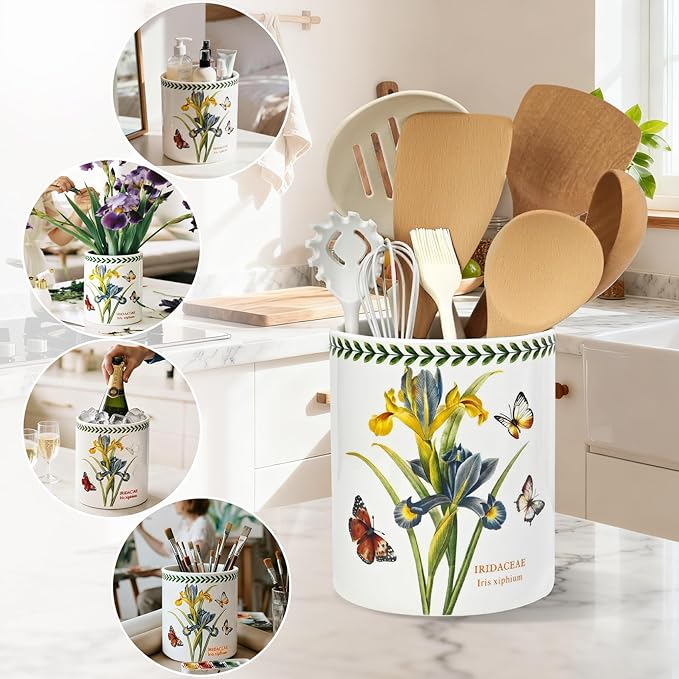 ACMLIFE Extra Large Cooking Utensil Holder, 7.3" Kitchen Utensil Holder for Countertop, Utensil Crock for Farmhouse Kitchen Decor, Ceramic Stable Utensil Caddy, Floral (Iris)