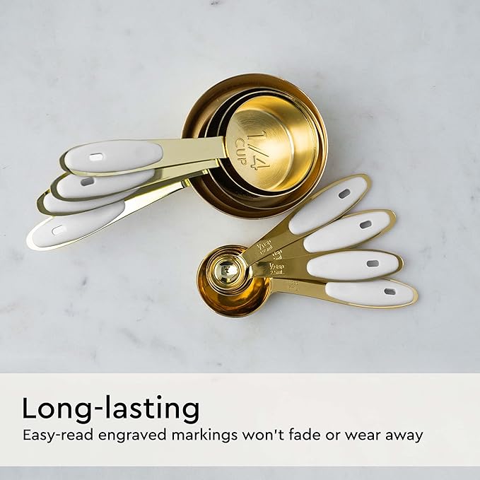 White and Gold Measuring Cups and Spoons Set – 8-Piece Stackable Stainless Steel Measuring Set – Stylish Gold Kitchen Accessories for Precise Baking and Cooking, Ideal Gift for Bakers and Chefs