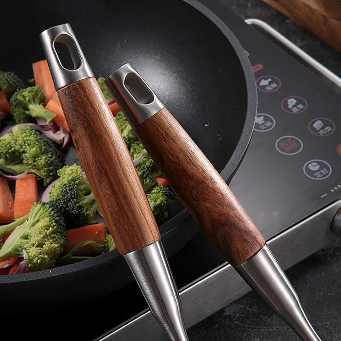 Wok Spatula & Ladle Tool Set, AOOSY 304 Stainless Steel Cooking Utensils, Wooden Handle Wok Utensils Soup Ladle, 15 Inches, Set of 2