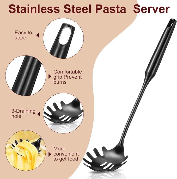 Patelai Stainless Steel Spaghetti Spoon and Pasta Tongs Set, Long Handle Noodle Server Tools with Drain Holes, Non-slip Grip for Cooking, Serving Pasta and Noodles(Black)