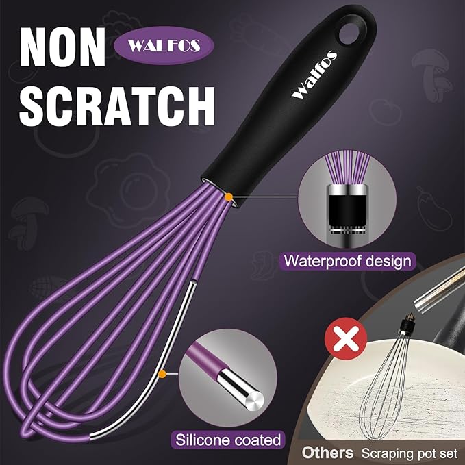 Walfos Mini Silicone Whisk, 5-7Inch, Heat Resistant (480F), Purple & Green