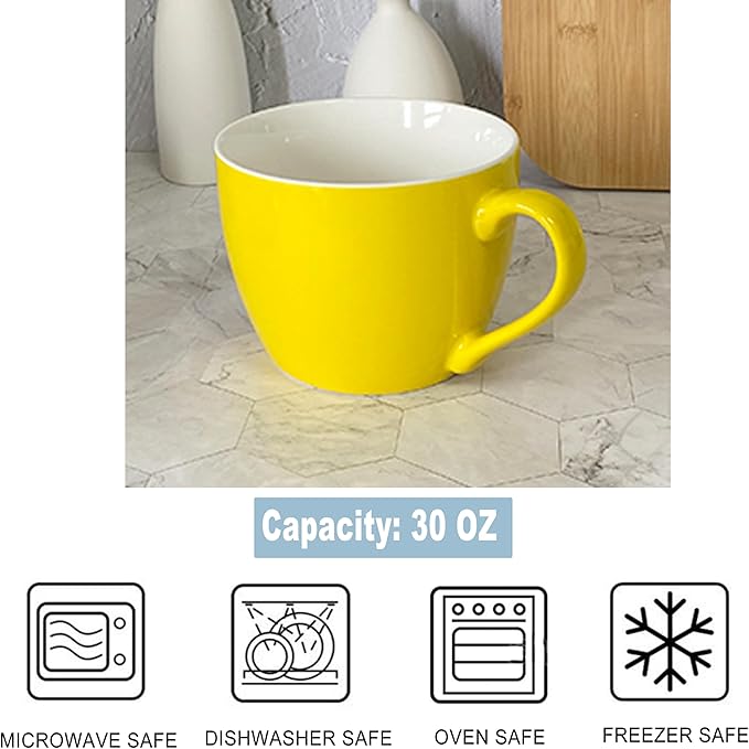 MECOWON 30 OZ Porcelain Coffee Mugs, Set of 2 Large Mugs for Soup, Cereal and Salad (Yellow)