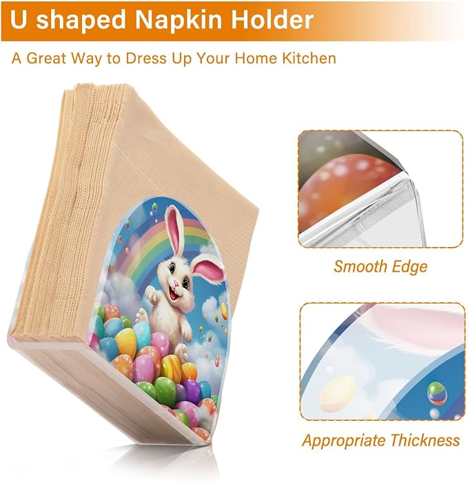 Qilmy Beautiful Rainbow Easter Bunny Napkin Holder for Tables –Napkin Holders for Kitchen, Table Napkin Holders, Cocktail Napkin Holder,Paper Napkins Holder