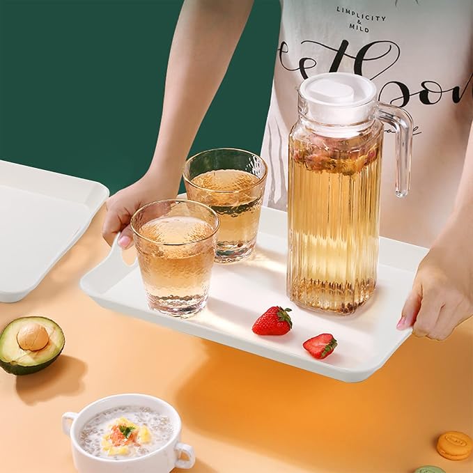 Cedilis 3 Pack Serving Trays with Handles, 16 x 11IN Food Serving Tray, Rectangular Plastic Stackable Tray for Restaurant, Parties, Coffee Table, Kitchen (White)