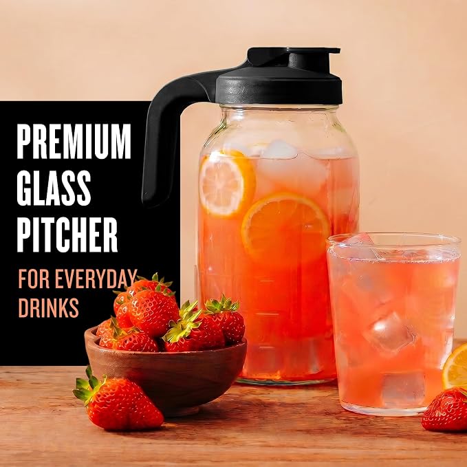 County Line Kitchen Glass Mason Jar Pitcher with Lid - Wide Mouth, 2 Quart (64 oz) - Heavy Duty, Leak Proof - Sun & Iced Tea Pitcher, Cold Brew Coffee, Breast Milk Storage, Water - Black