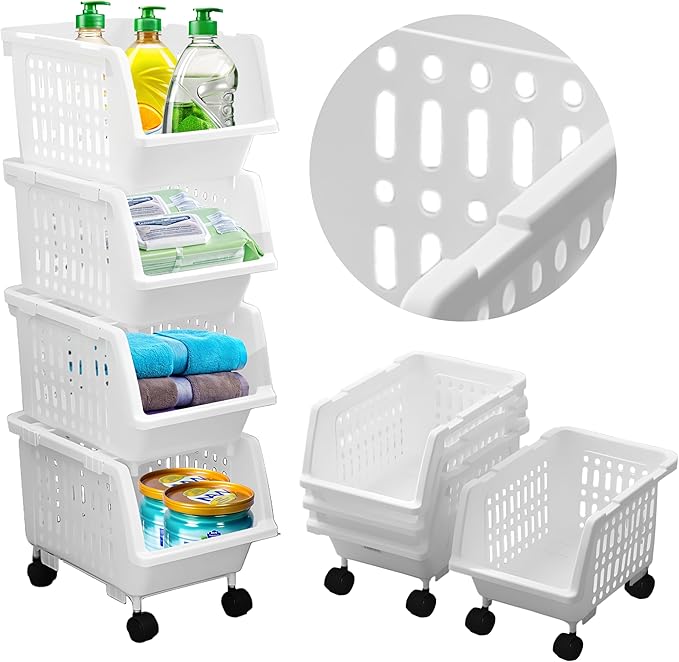 TidyFriend Stackable Storage Bins for Pantry - 4 Pack Small Stackable Bins for Organizing Food, Kitchen, and Bathroom Essentials (White)