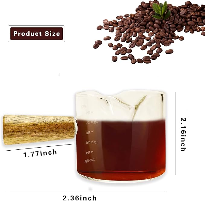 2Pcs Double Spouts Espresso Shot Glasses Measuring Glass Espresso Cups Cookware With Wood Handle for Milk Coffee, 100 ml