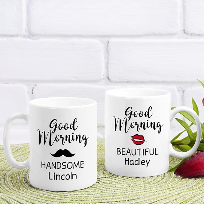 Custom Name Mug Set Of 2, Couple Coffee Mug Design For Valentines Day, Customized Couple Ceramic Mug, Good Morning His & Her Mug, Couple Cup, Lover Present, Wedding Gifts, White 11oz Or 15oz