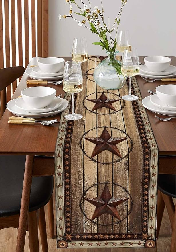 Western Farmhouse Table Runner 70 Inch Long Dresser Scarves Primitive Rustic Cotton Linen Tablerunners Country Retro Texas Star Dining Kitchen Burlap Table Setting Decor for Party Holiday, 13"x70"
