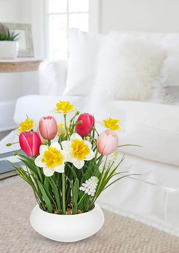 Hollyone Tulips Artificial Flowers with Daffodil Bulbs in Vase Fake Tulips Silk Flowers Arrangements with Ceramic Pot Daffodil Tulip Bulbs Floral Bouquet for Home Decor Table Centerpiece White Pink