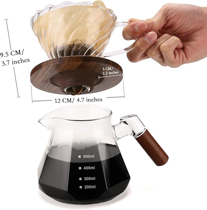 Lalord Pour Over Coffee Dripper with 100 pcs of Size 02 Paper Filter, Borosilicate Glass & Walnut Collar, Drip Coffee Maker, 1-3 Cups, Clear (Coffee Dripper)