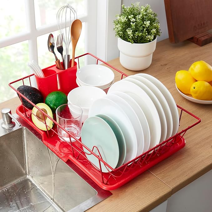 Space-Saving 3-Piece Dish Drainer Rack Set Efficient Kitchen Organizer for Quick Drying and Storage Includes Cutlery Holder and Drainboard Maximize Countertop Space, Bright Red