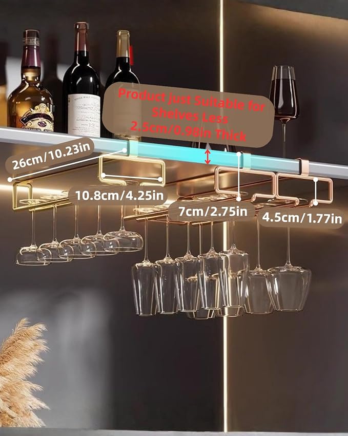 LINFIDITE 2 Pack Under Cabinet Wine Glass Rack Rose Gold Wine Glass Holder Stemware Rack Hanger Kitchen Hanging Storage Rack Organizer (For Partition Thickness under 0.98")