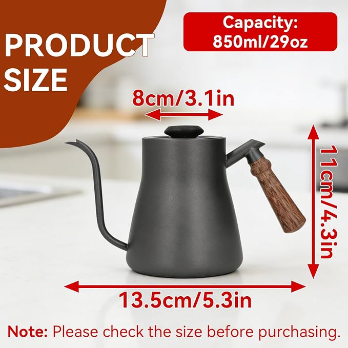 Pour over Coffee Kettle with Thermometer, 850ml Goose Neck Kettle Pot Induction Kettle Stovetop Stainless Steel Gooseneck Kettle with Wood Handle