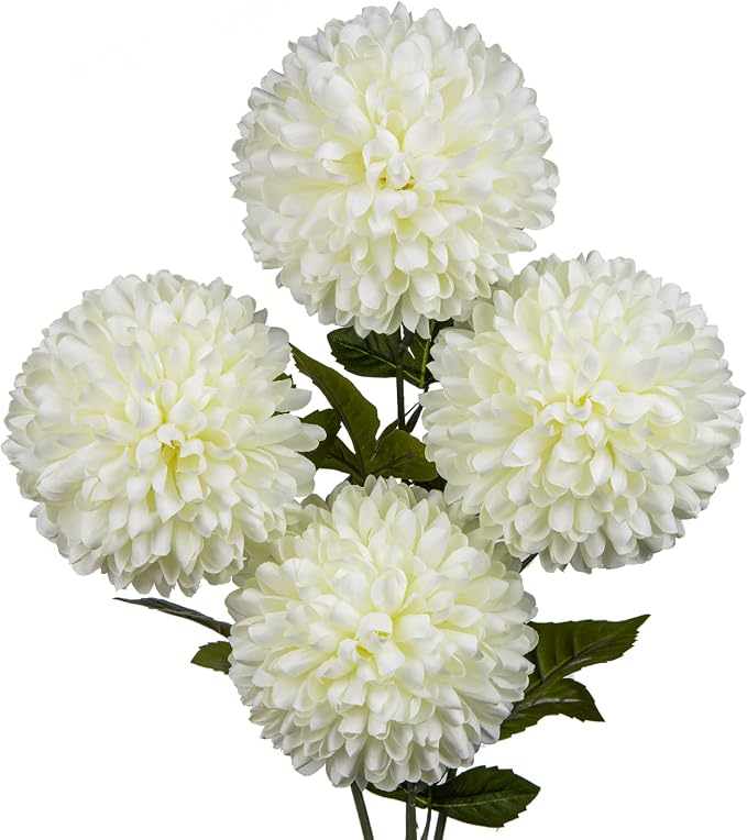 Briful Autumn Artificial Chrysanthemums Ball Flowers 6’’ Large Heads Mums Stems Cream White Fake Hydrangea Flowers Bridal Wedding Bouquet for Home Garden Party Wedding Decoration, Set of 4