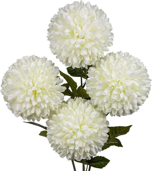 Briful Autumn Artificial Chrysanthemums Ball Flowers 6’’ Large Heads Mums Stems Cream White Fake Hydrangea Flowers Bridal Wedding Bouquet for Home Garden Party Wedding Decoration, Set of 4