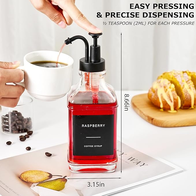 Coffee Syrup Dispenser for Bar, Glass Syrup Bottle with Pump, Coffee Pump Dispenser Bottle with Tray, Spoon for Station,16.9 oz, Black, 500 ml