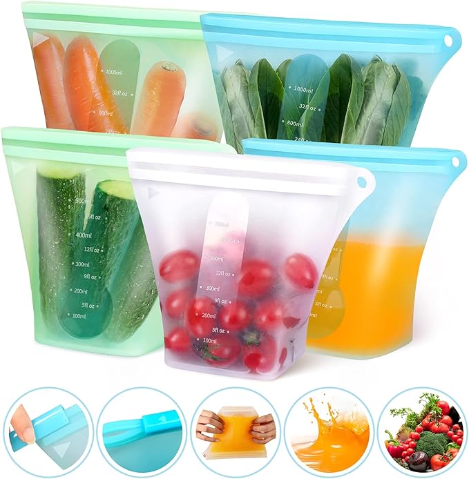 Reusable Silicone Food Storage Bags,Stand Up Leakproof Zip Containers,Reusable Sandwich Bags,Non-Toxic,BPA Free, Dishwasher Safe,Freezer-Safe,Easy to Clean（Set of 5）