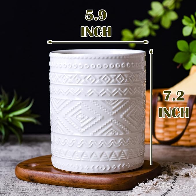 Yundu White Porcelain Kitchen Utensil Holder for Countertop, Utensil Crock for Home Décor
