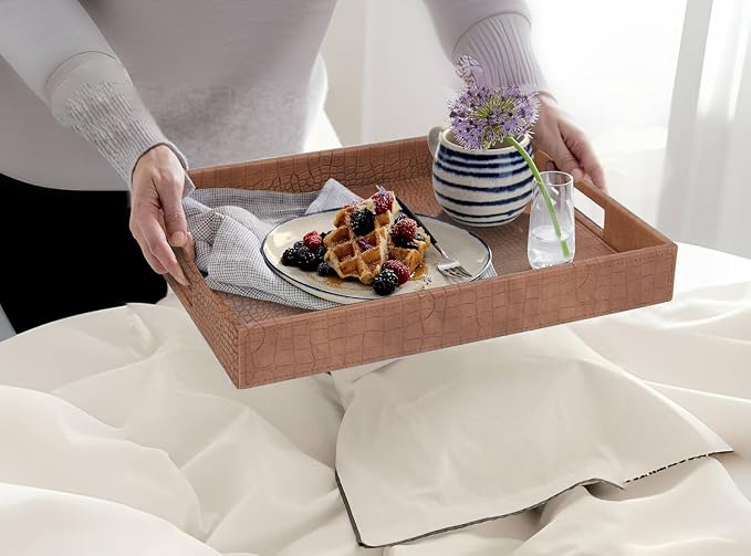 HofferRuffer Rectangle Serving Tray with Hole Handles for Coffee Table, Breakfast, Tea, Food, Butler - Countertop, Kitchen, Vanity Serve Tray, 16.2 x 12.2 x 2 inches, Faux Leather (Antique Brown)