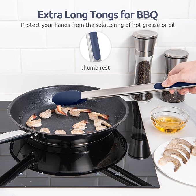 600ºF Heat Resistant Kitchen Tongs: U-Taste 16 in Extra Long Large Silicone Cooking Tong with Non Stick Rubber Tips & Non Slip Silicon Coated 18/8 Stainless Steel Handle for Grill BBQ (Midnight Blue)