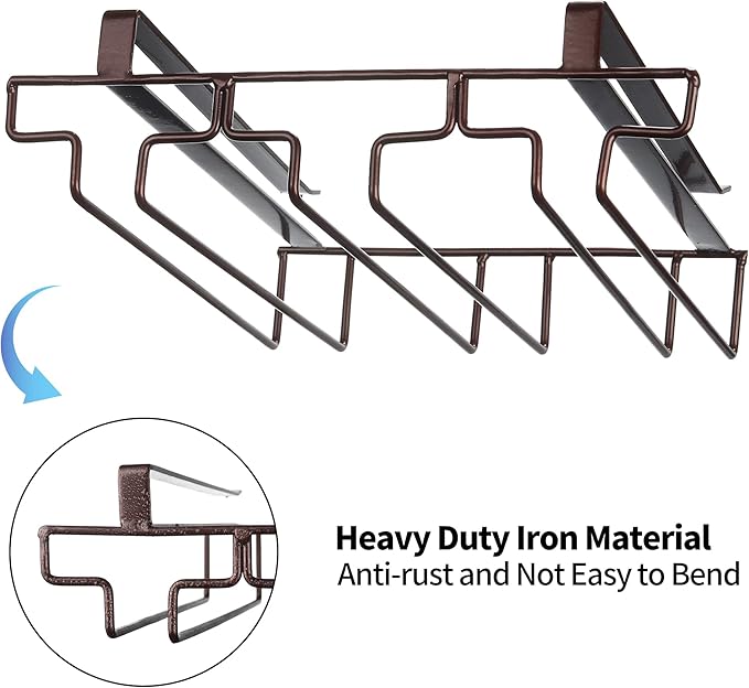 Wine Glass Rack Under Cabinet Drilling Free No Screw Steamware Holder Under Shelf Metal Wine Glasses Holders 304 Stainless Steel Hanger Storage Organizer Hanging Glass Fit for Bar Kitchen 3 Rows Brown