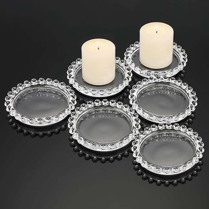 Efavormart 6 Pack Clear Glass Pillar Candle Holder Plates with Beaded Rims, Transparent Small Round Coasters Candle Trays - 4"