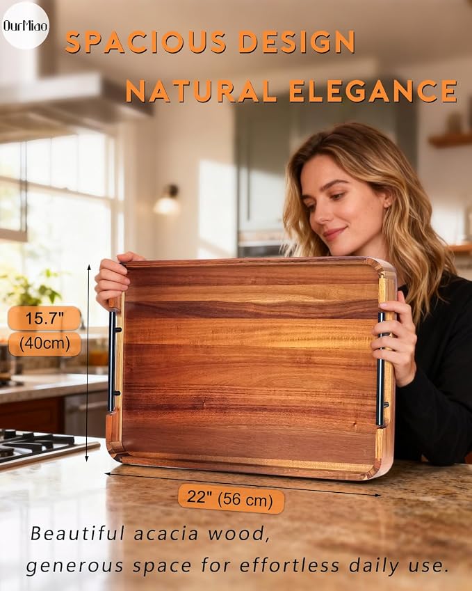 22" Acacia Wood Ottoman Serving Tray with Metal Handles & Rounded Corners | Large Rectangular Decorative Wooden Tray for Living Room Kitchen Coffee Table Couch Bed