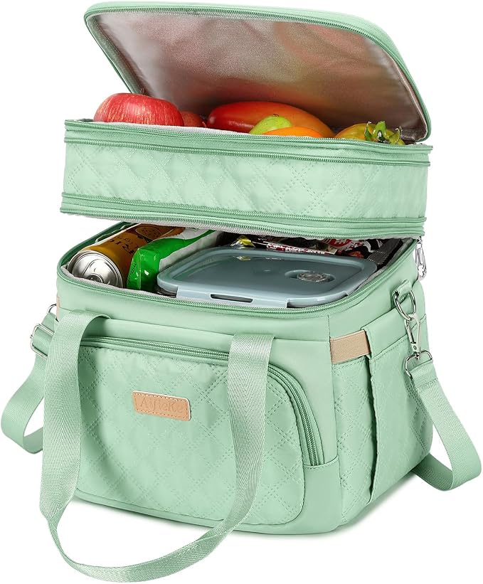 AIJIEKE Insulated Lunch Bag for Women, Large Double Deck Lunch Box for Work, 100% Leakproof Reusable Cooler Tote with Expandable Pockets & Adjustable Strap for Beach, Picnic, Green