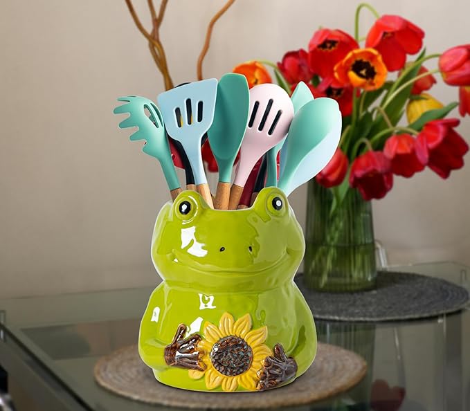 dgudgu Frog Shaped Cermaic Utensil Holder For Kitchen Counter Ceramc Utensil Crock Countertip Large Size Green Frog Embracing Sunflower Decorative Design Kitchen Canister Decor