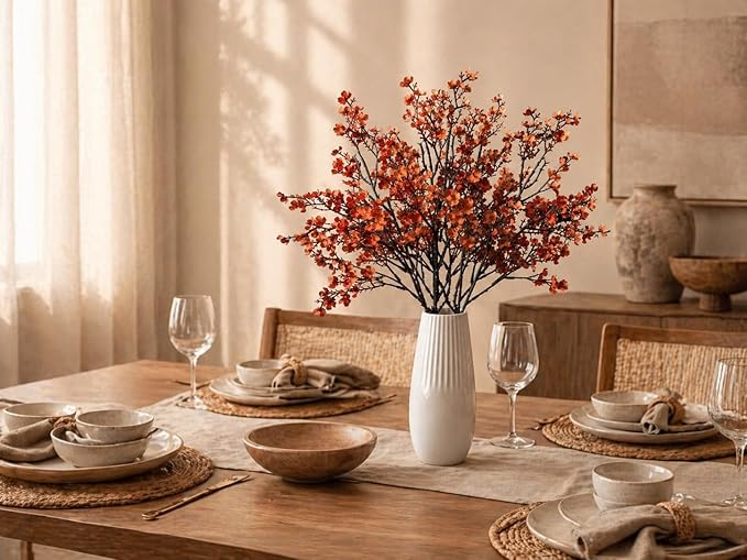Mandy's Burnt Orange Artificial Baby’s Breath Flowers 6 Bundles Silk Gypsophila, 18.5 Inch European Style Modern Home Decor Centerpiece, Neutral Wedding Flower Arrangements