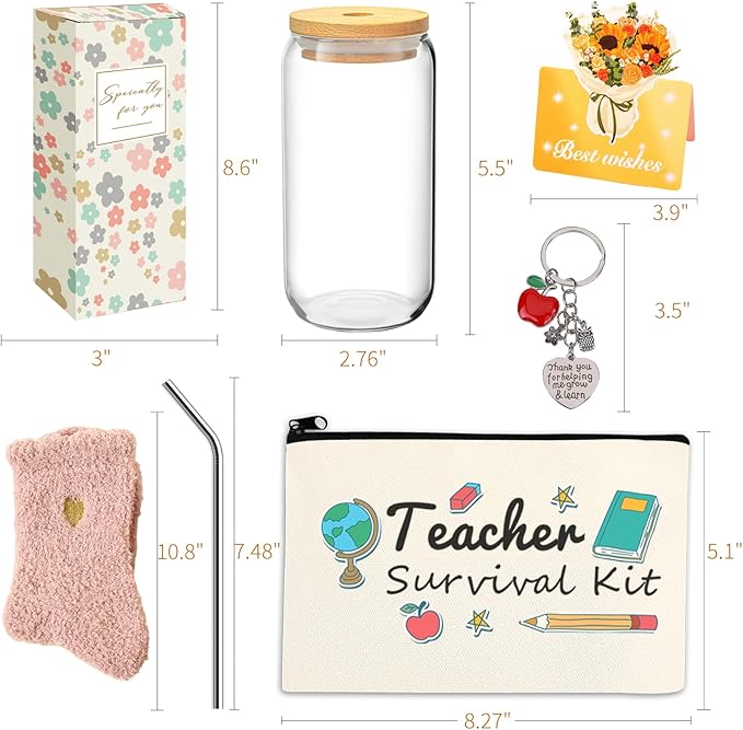 8 PCS Teacher Appreciation Gift Set, Teacher Survival Kit with Glass Cup, Bamboo Lid, Fuzzy Socks & Pouch Bag, Thank You Gift for Women (Best Teacher Ever-g05)