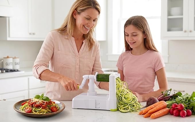 Brieftons 7-Blade Vegetable Spiralizer: Veggie Noodle Maker with Curly Fry & Crinkle Chip Blades, Catch Container, Keep-Fresh Lid, Blade Caddy, 4 eBooks | Low Carb, Vegan, Gluten-Free, Keto, Paleo