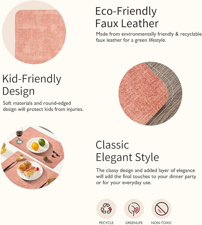 Maxpearl Faux Leather Placemats Set of 6 - Waterproof - Wipe Clean - Heat Resistant - Anti Slip Dining Table Place Mats, Suitable for Indoor & Outdoor Use, 17’’×12’’, Pink