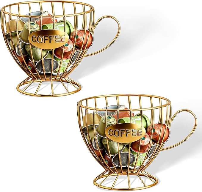2-Pack Capsule Holder, Large Coffee & Tea Storage Organizer, Metal Basket for Countertop, Multi-Purpose Organizer for Home, Office, Cafe (Glod)