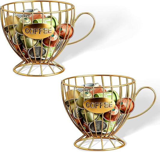 2-Pack Capsule Holder, Large Coffee & Tea Storage Organizer, Metal Basket for Countertop, Multi-Purpose Organizer for Home, Office, Cafe (Glod)