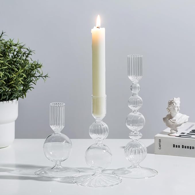 Glasseam Glass Candle Stick Holder: Clear Taper Candle Holders Set of 3 Modern Candlestick Holders for Taper Candles Decorative for Table Centerpiece Wedding Party Christmas Decorations