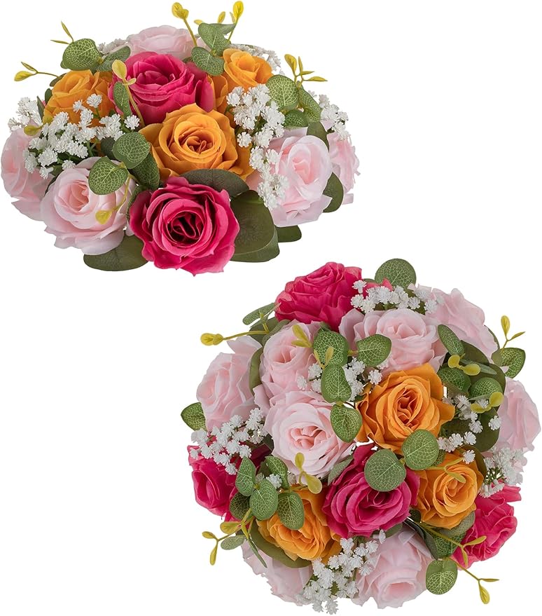 BLOSMON Fake Flower Centerpieces for Tables: 2 Pcs Pink and Orange Artificial Rose Babys Breath Flower Balls Wedding Party Decorations - Faux Silk Floral Arrangement Home Decor