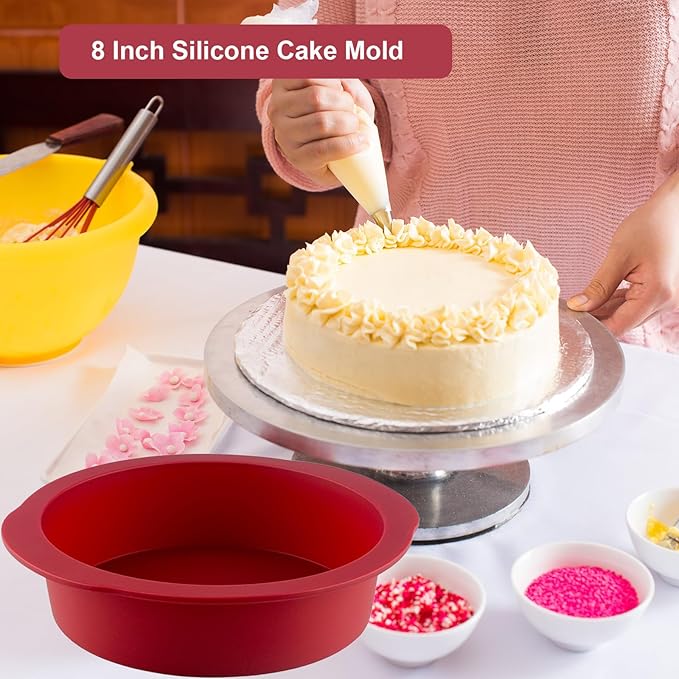 Nalchios 6 Inch Silicone Round Cake Pan Set of 3 - Non-stick Easy Releasing Mini Baking Molds for Layer, Pizza, Cheese, Chocolate - Flexible BPA Free