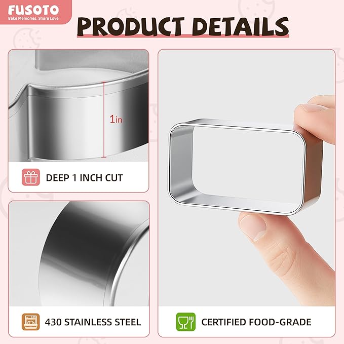 FUSOTO 6PCS Rectangle Cookie Cutters Set, Stainless Steel Kitchen Baking Supplies, for Biscuit, Homemade Cookies, Cake Decorating, Geometric Cookie Cutter, (1.5", 2", 2.5", 3", 3.5", 4"), Rectangle