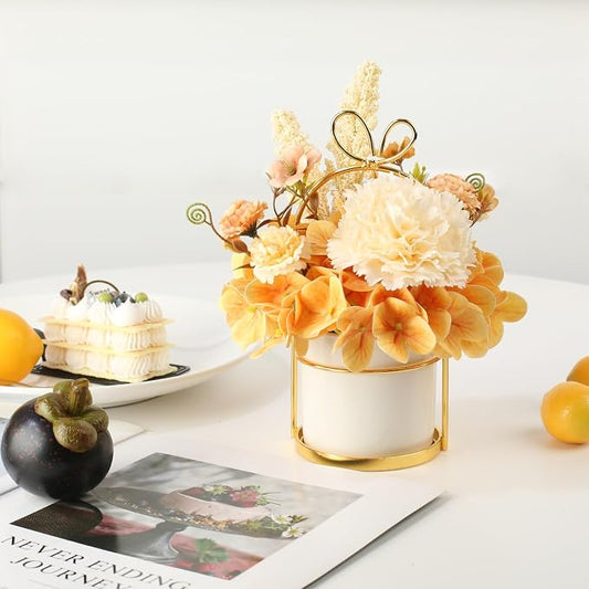 Artificial Flower Arrangement with Vase, Champagne Hydrangea Carnation in White Ceramic Pot with Gold Stand, Small Centerpiece for Wedding Dining Room ﻿