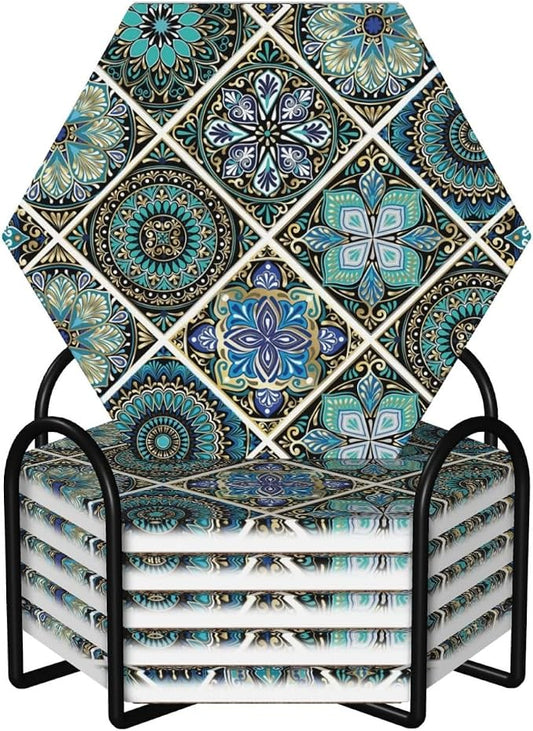 Blue/Emerald Green Mexican Tiles Drinks Coasters Absorbent Stone with Holder Set of 6, Teal/Turquoise/Cyan Mexico Morocco Mandala Tile Hexagon Ceramic Coaster for Coffee Table Protection (Hexagonal)