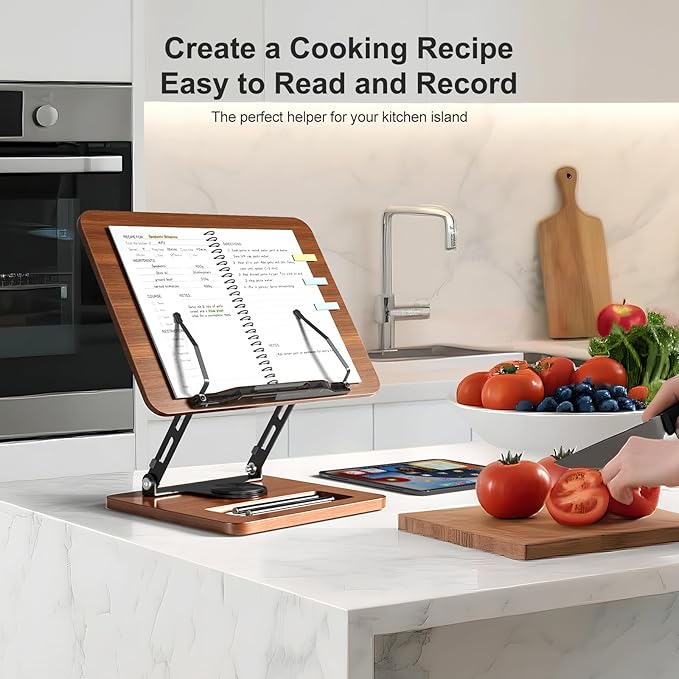 OPTIXCELL Book Stand for Reading, 360° Rotating Hands Free Book Holder, Adjustable Height and Angle, Page Clip for Cookbook, Recipe, Magazine, Laptop,Tablet, Foldable for Kitchen, Office, School