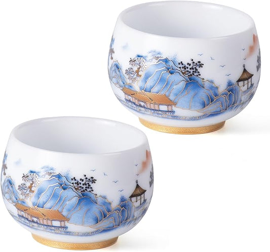 KAMMAK Ceramic Tea Cups Small, Cute Vintage Coffee Cup Set of 2, Porcelain Teacups Espresso Mug, 6.3oz Hand Painted Chinese Afternoon Tea Party Mugs, Birthday Gift for Women Men, Imperial Arhat