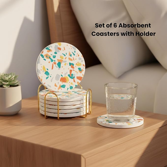 Terrazzo Coasters Set of 6, Ceramic Absorbent Drink Coasters, Cute Mid Century Boho Coaster, Coffee Table Desk Decor, Colorful Stone Coaster for Drinks